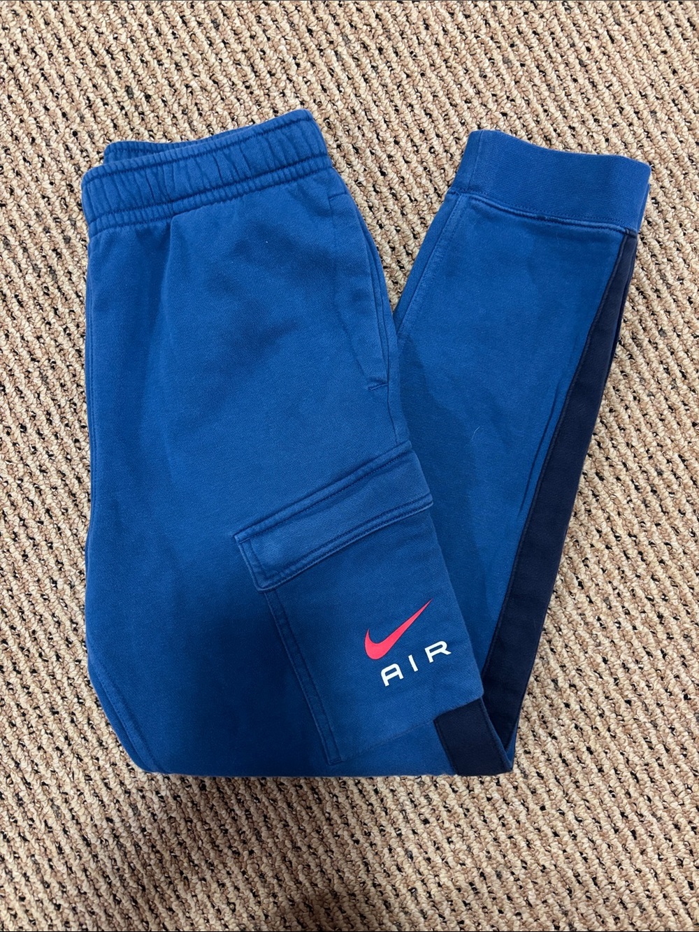 Nike Blue Cargo Joggers with Navy Side Panel and Red Swoosh